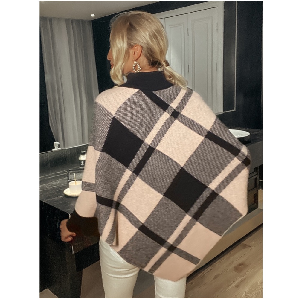 Plaid Poncho Style Sweater Turtleneck Beige Black - Picture 10 of 14